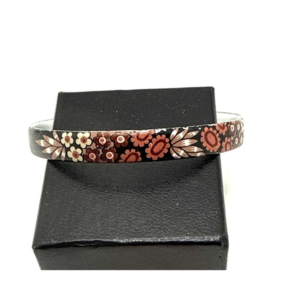 Vintage Black Enamel Bangle Bracelet Hand Painted Purple Pink Flowers MCM 8.75"